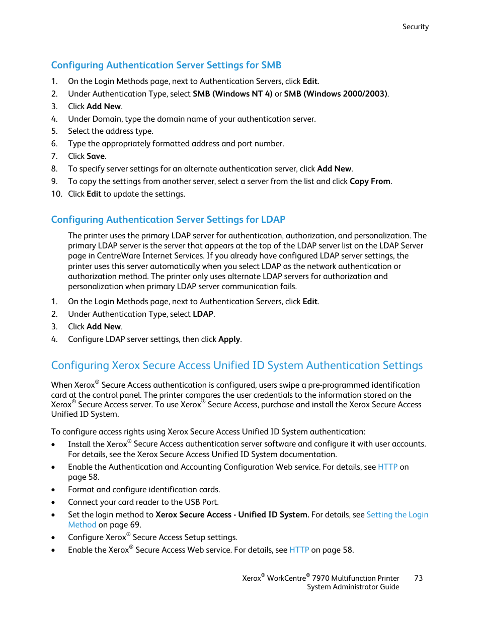 Configuring authentication server settings for smb | Xerox WorkCentre 7970-2606 User Manual | Page 73 / 268