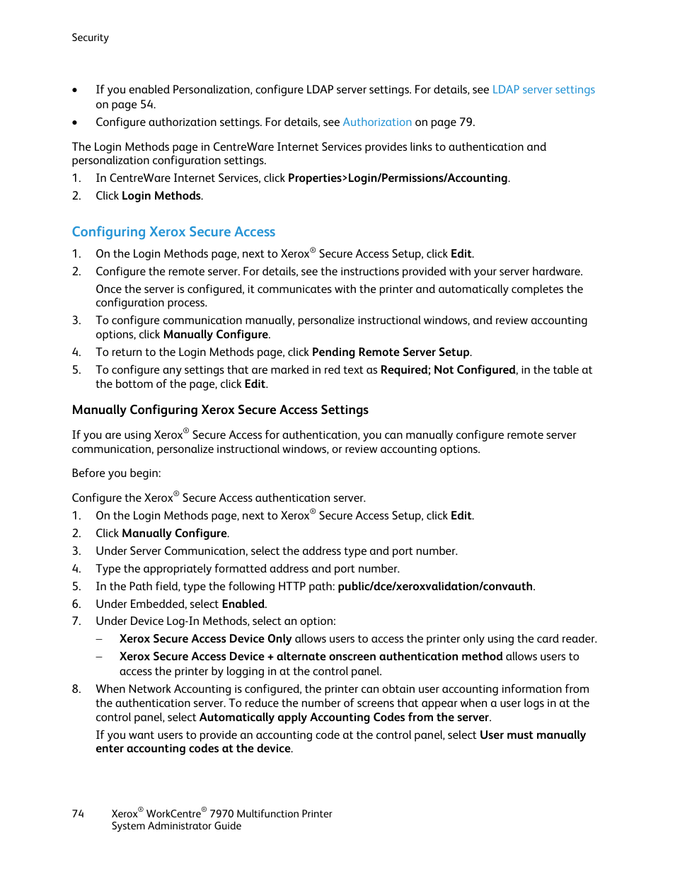 Configuring xerox secure access, Manually configuring xerox secure access settings | Xerox WorkCentre 7970-2606 User Manual | Page 74 / 268