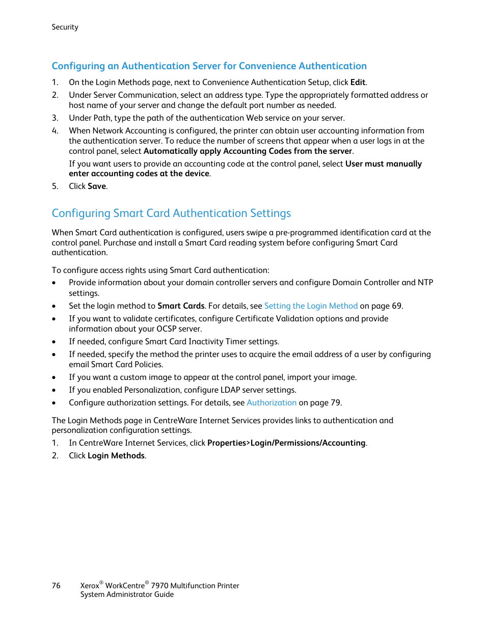 Configuring smart card authentication settings | Xerox WorkCentre 7970-2606 User Manual | Page 76 / 268