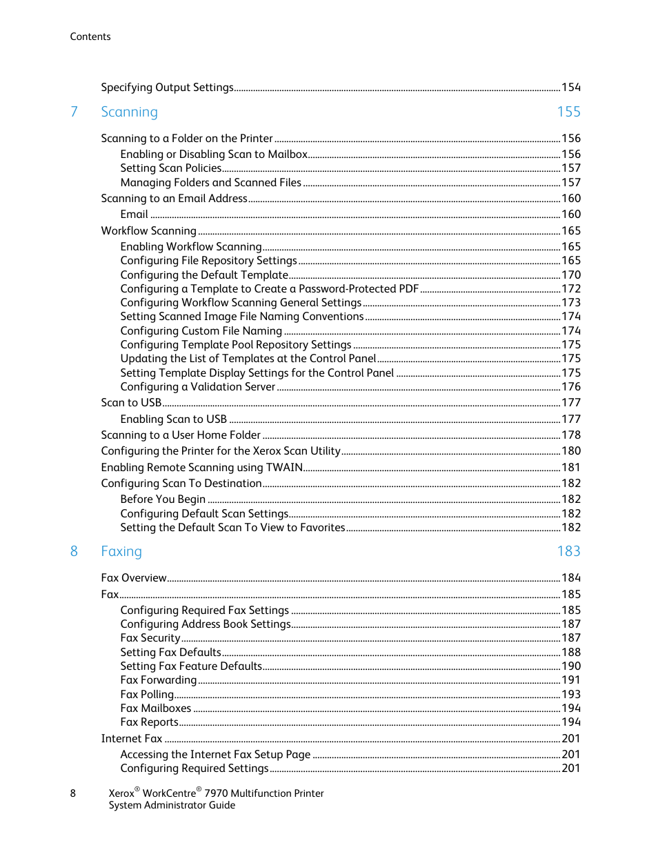 7 scanning 155, 8 faxing 183 | Xerox WorkCentre 7970-2606 User Manual | Page 8 / 268