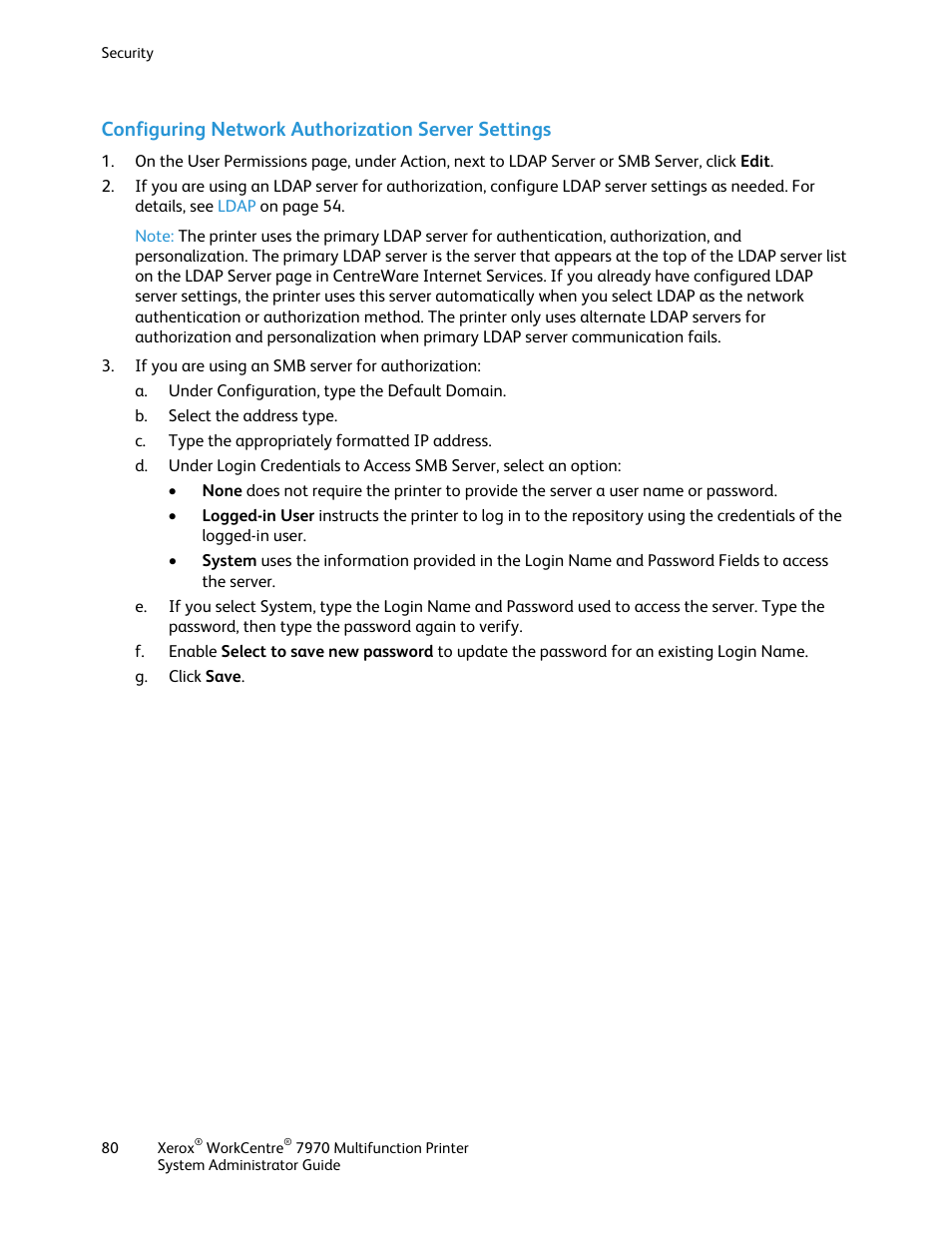 Configuring network authorization server settings | Xerox WorkCentre 7970-2606 User Manual | Page 80 / 268