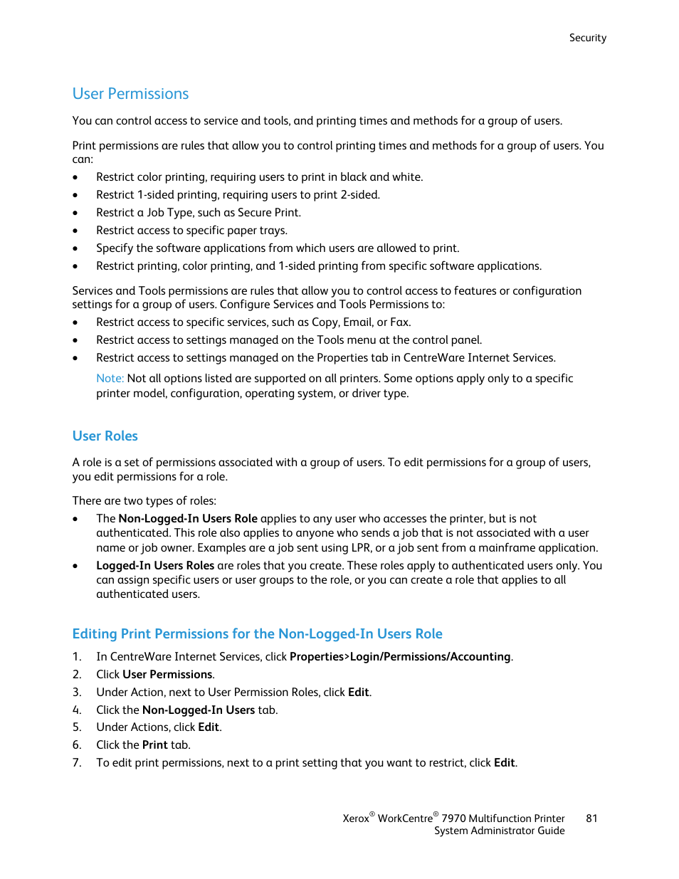 User permissions, User roles | Xerox WorkCentre 7970-2606 User Manual | Page 81 / 268