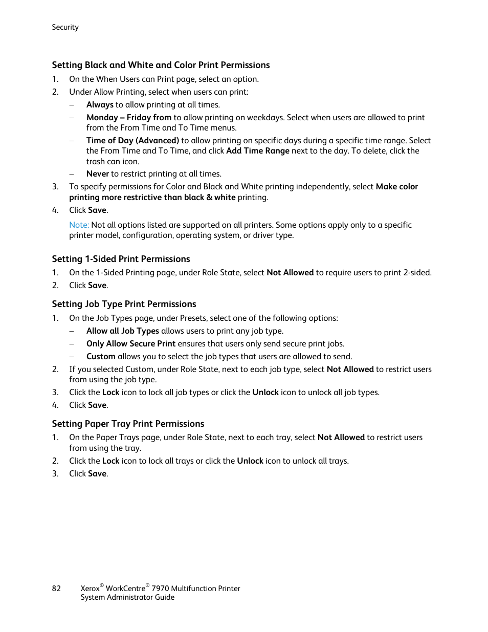 Setting 1-sided print permissions, Setting job type print permissions, Setting paper tray print permissions | Xerox WorkCentre 7970-2606 User Manual | Page 82 / 268