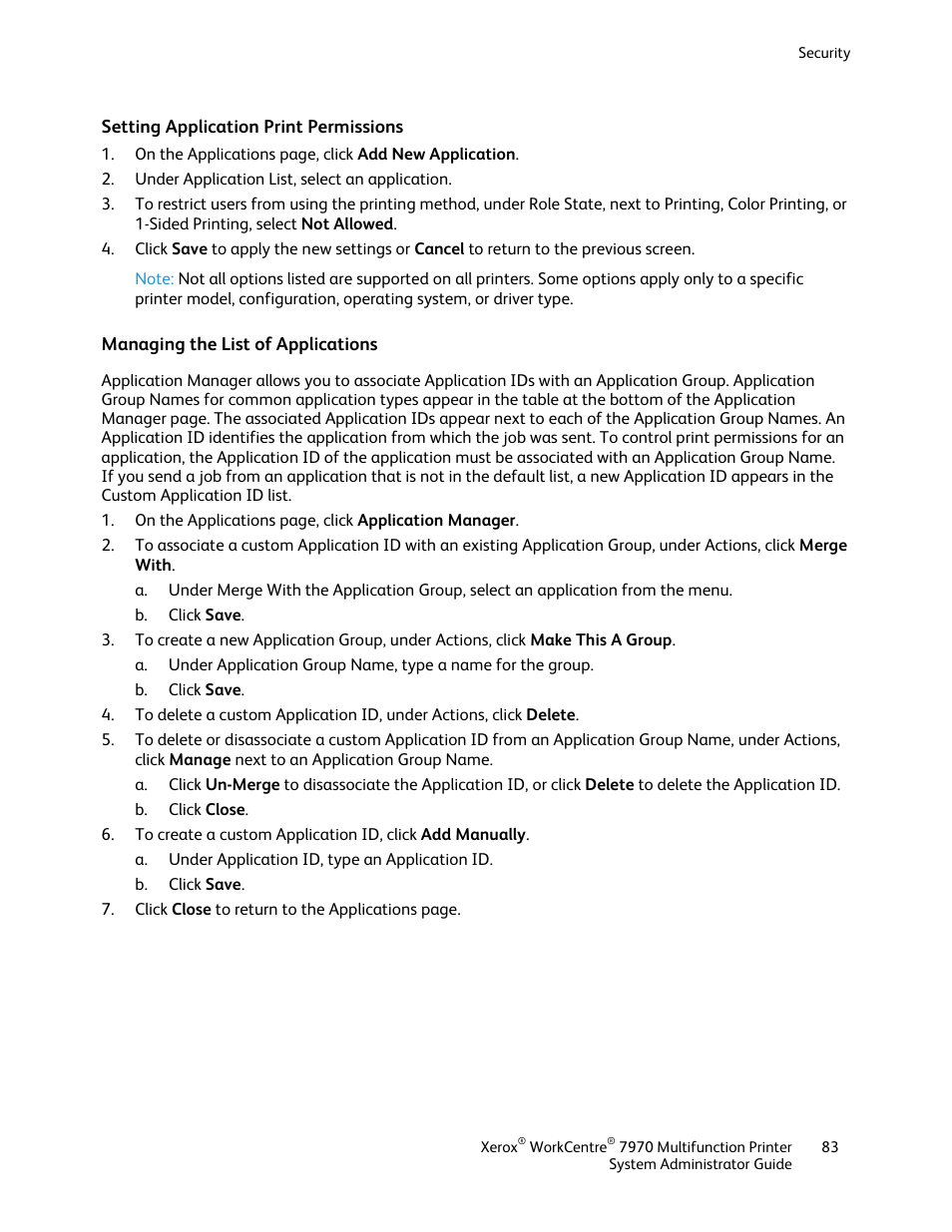 Setting application print permissions, Managing the list of applications | Xerox WorkCentre 7970-2606 User Manual | Page 83 / 268