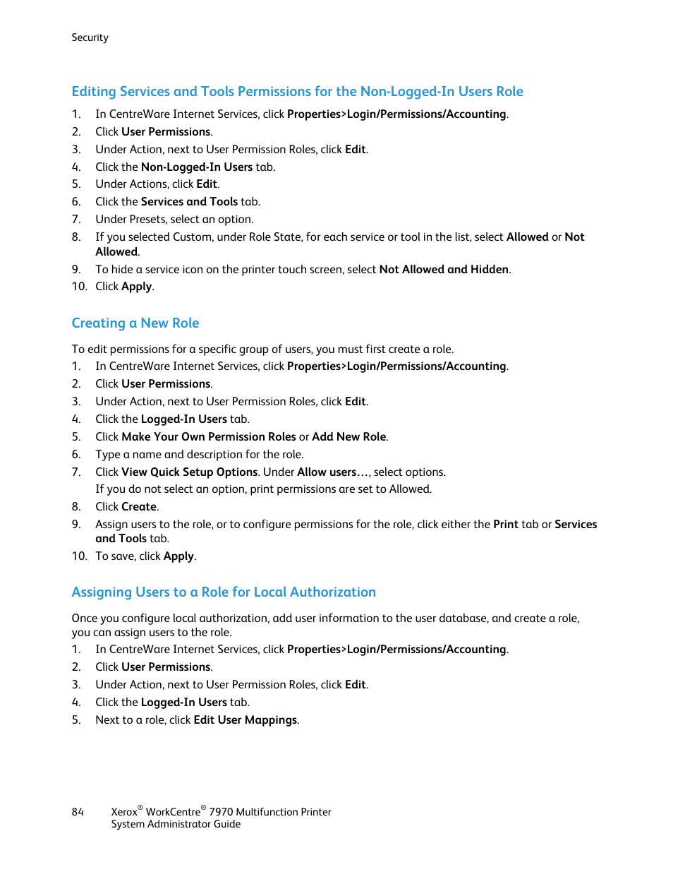Creating a new role, Assigning users to a role for local authorization | Xerox WorkCentre 7970-2606 User Manual | Page 84 / 268