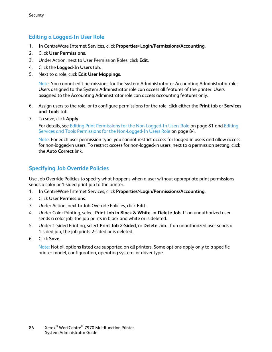 Editing a logged-in user role, Specifying job override policies | Xerox WorkCentre 7970-2606 User Manual | Page 86 / 268