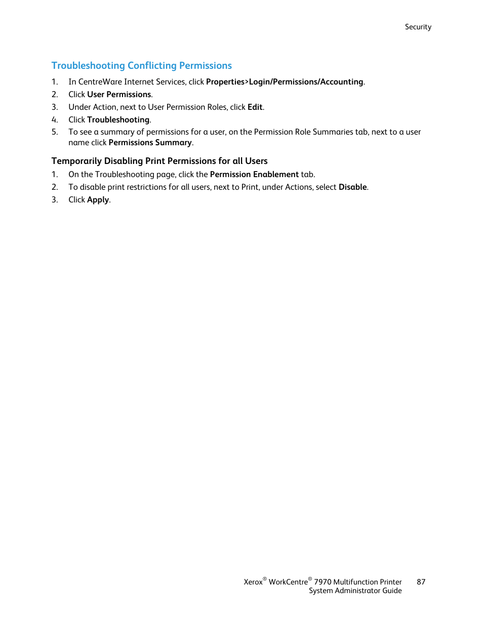 Troubleshooting conflicting permissions | Xerox WorkCentre 7970-2606 User Manual | Page 87 / 268