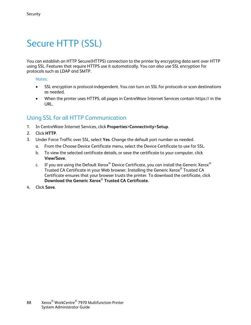 Secure http (ssl), Using ssl for all http communication | Xerox WorkCentre 7970-2606 User Manual | Page 88 / 268