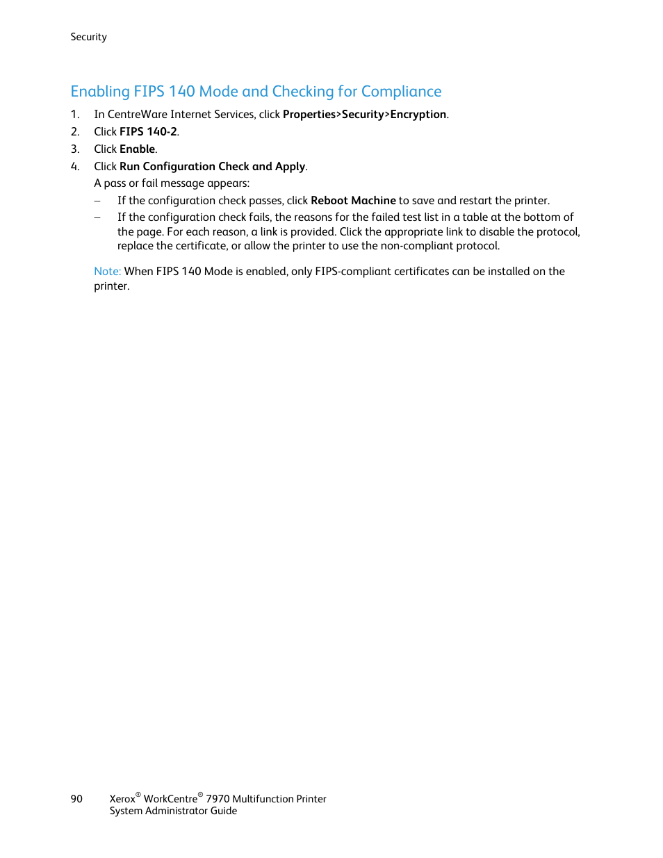 Enabling fips 140 mode and checking for compliance | Xerox WorkCentre 7970-2606 User Manual | Page 90 / 268