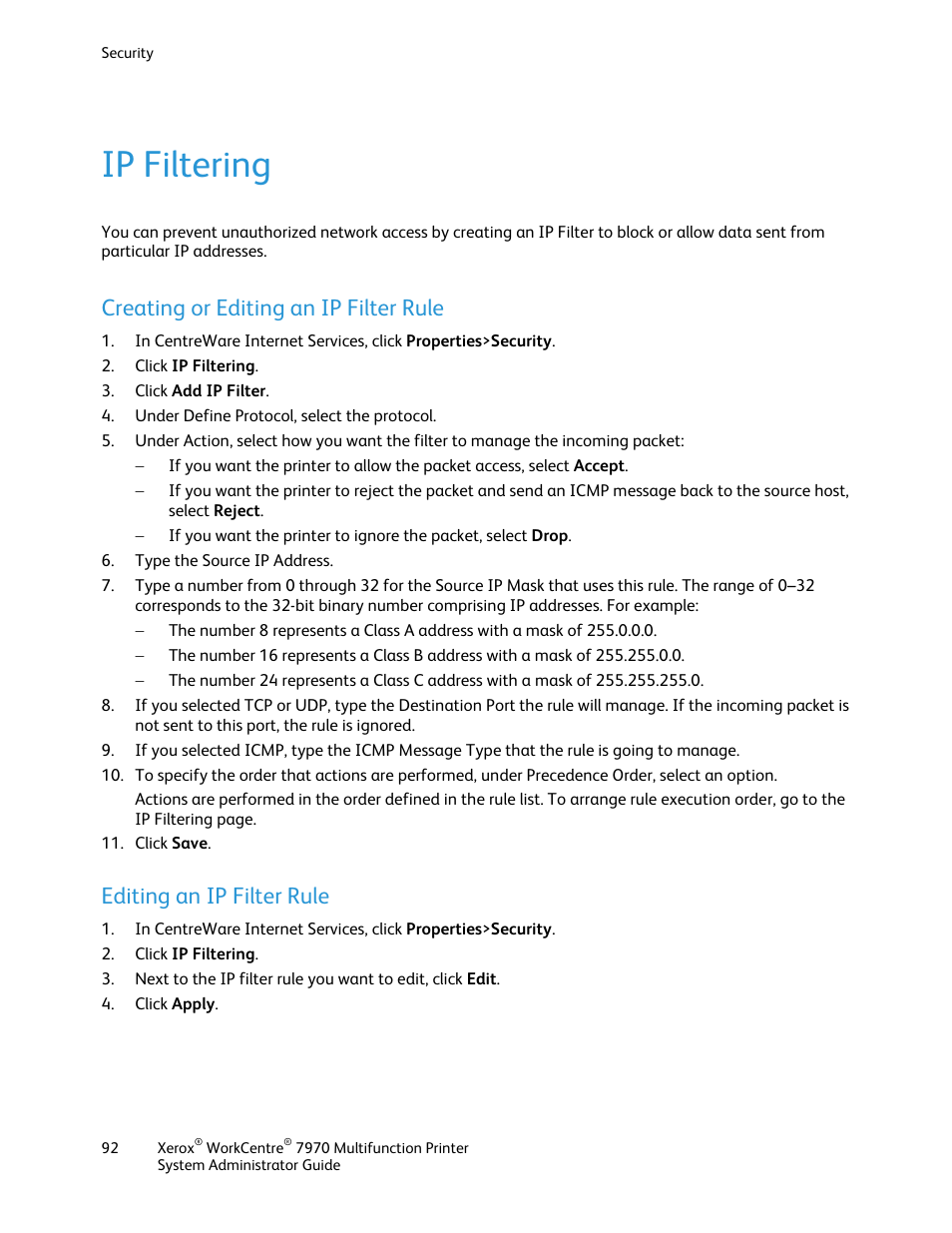 Ip filtering, Creating or editing an ip filter rule, Editing an ip filter rule | Xerox WorkCentre 7970-2606 User Manual | Page 92 / 268