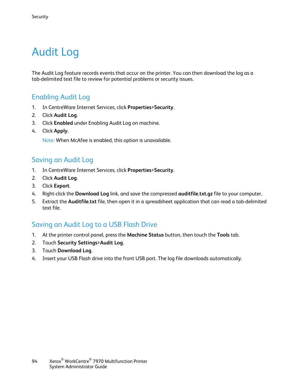 Audit log, Enabling audit log, Saving an audit log | Saving an audit log to a usb flash drive | Xerox WorkCentre 7970-2606 User Manual | Page 94 / 268