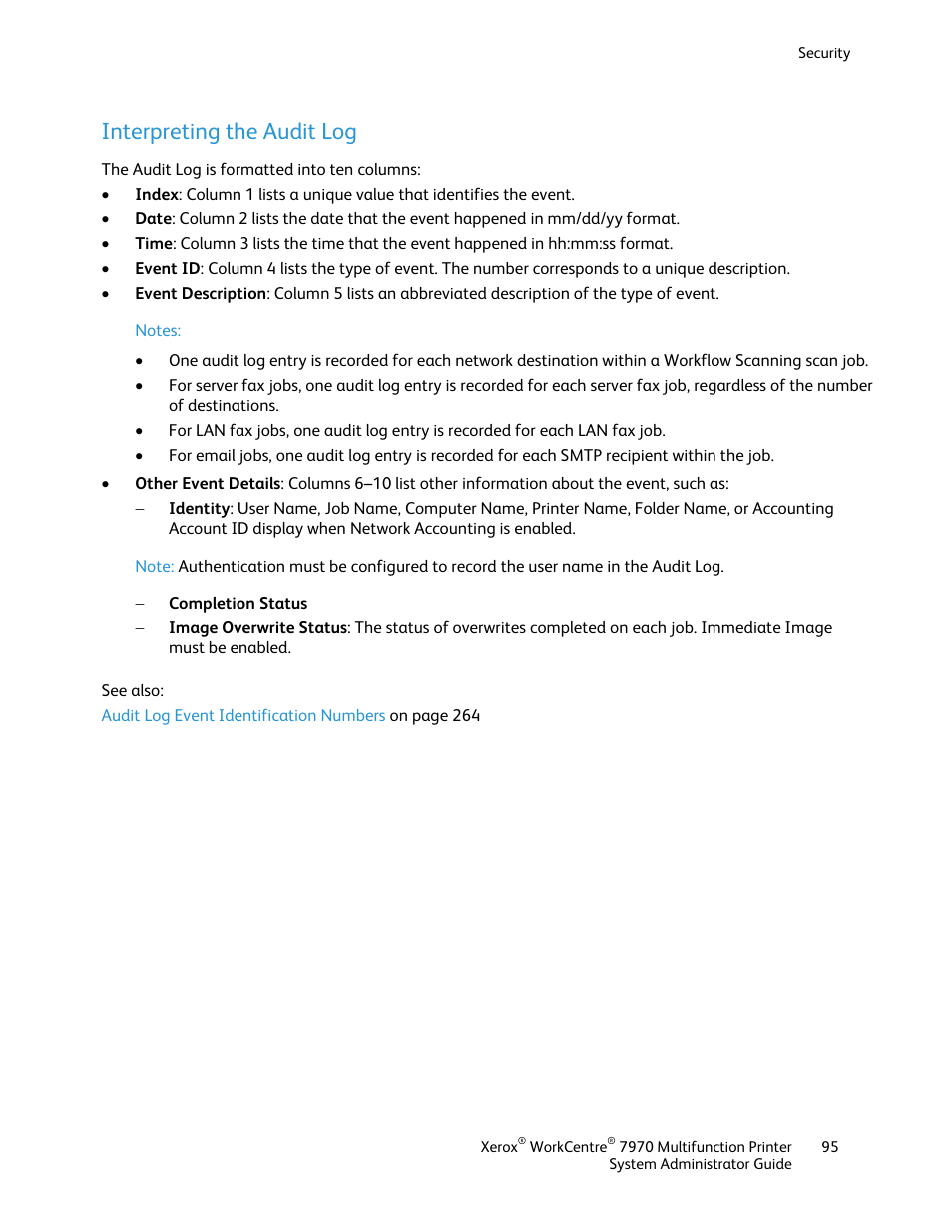 Interpreting the audit log | Xerox WorkCentre 7970-2606 User Manual | Page 95 / 268