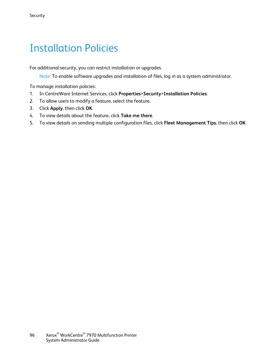 Installation policies | Xerox WorkCentre 7970-2606 User Manual | Page 96 / 268