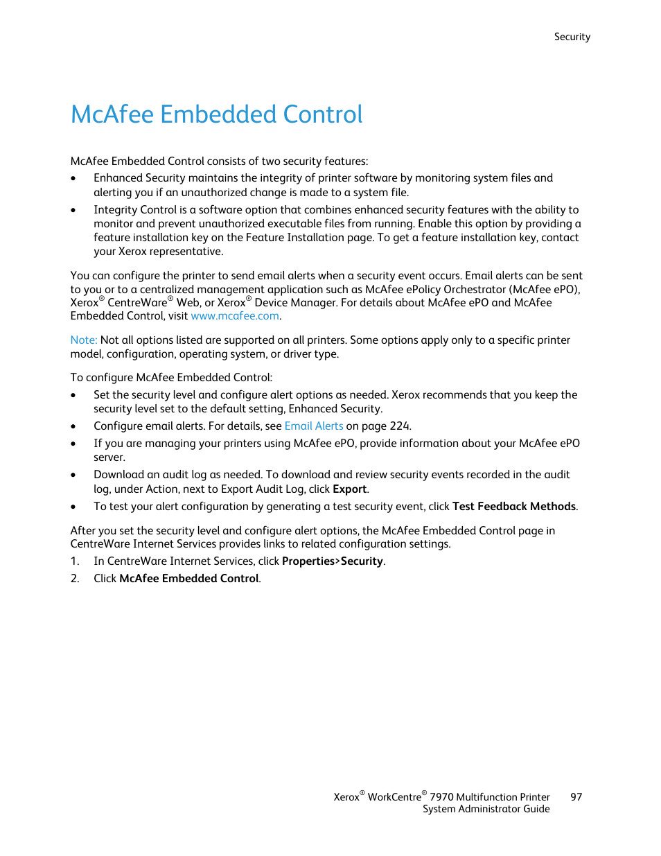 Mcafee embedded control | Xerox WorkCentre 7970-2606 User Manual | Page 97 / 268