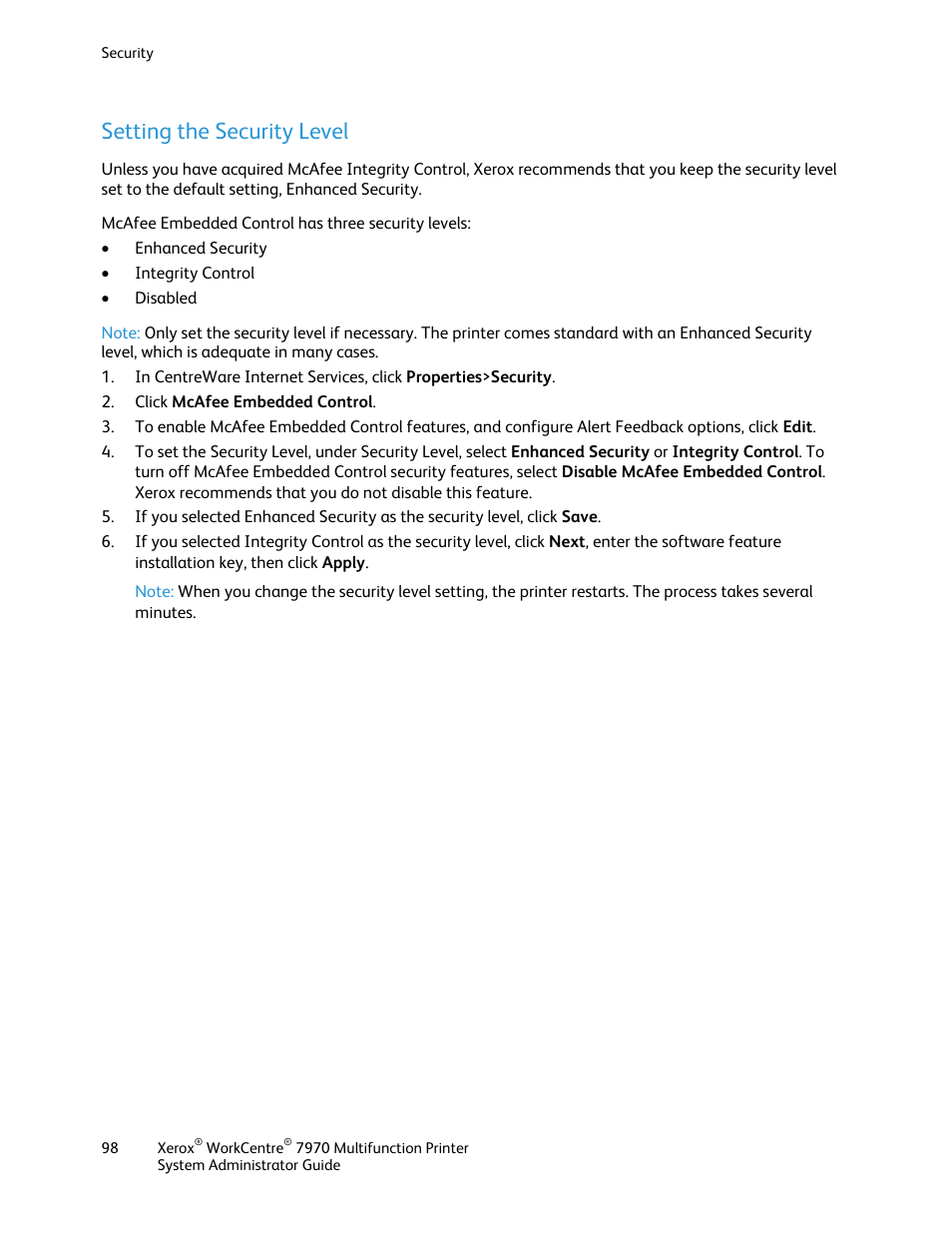 Setting the security level | Xerox WorkCentre 7970-2606 User Manual | Page 98 / 268