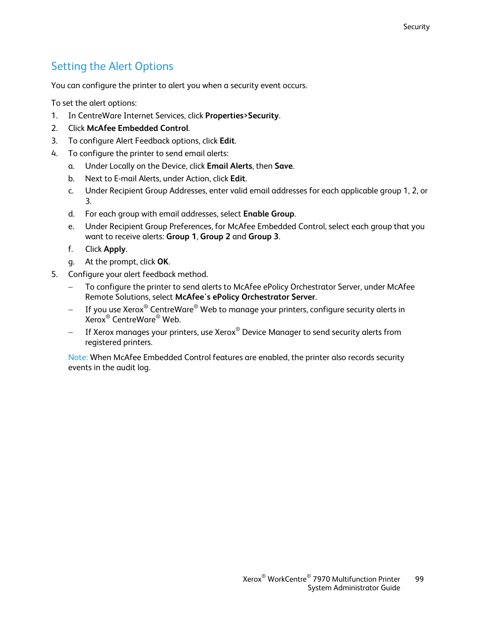 Setting the alert options | Xerox WorkCentre 7970-2606 User Manual | Page 99 / 268