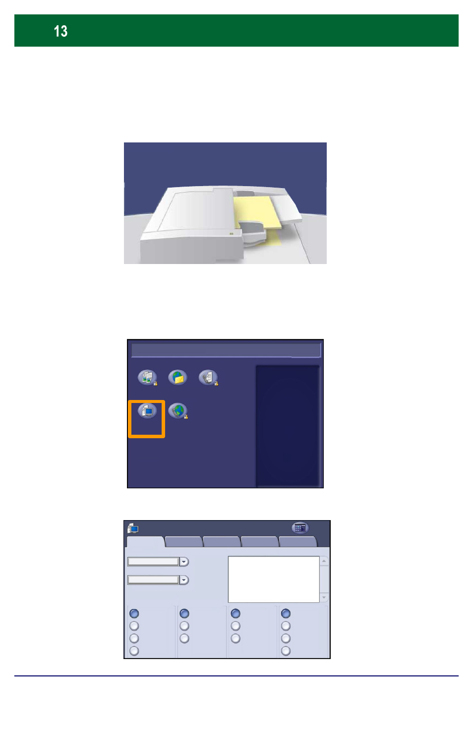 Simple network scanning, Load the documents, Select the template | Press the network scanning icon | Xerox WorkCentre 7655-7665-7675-5889 User Manual | Page 14 / 28