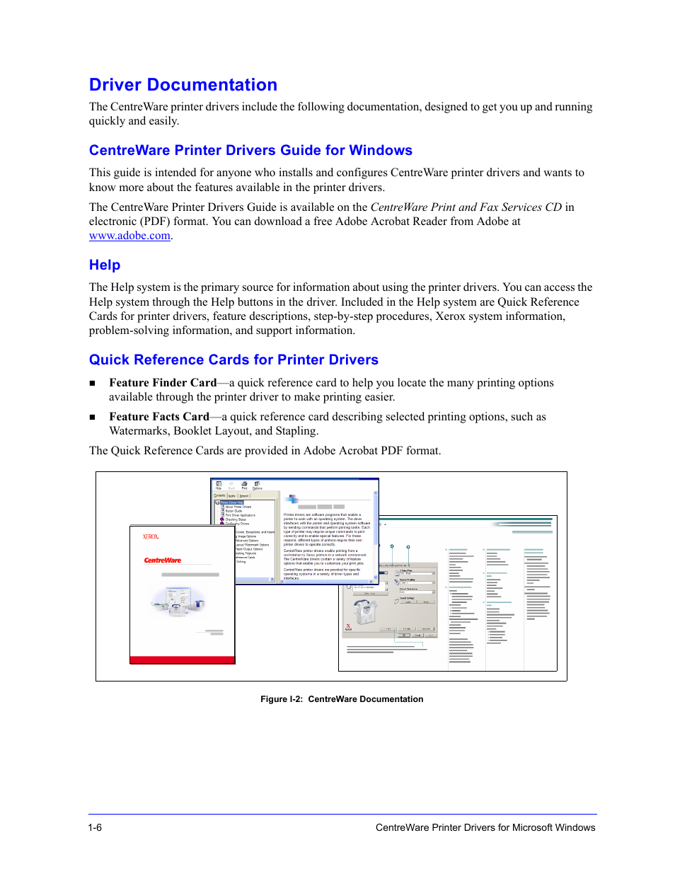 Driver documentation, Centreware printer drivers guide for windows, Help | Quick reference cards for printer drivers, Driver documentation -6 | Xerox WorkCentre 7655-7665-7675-5897 User Manual | Page 10 / 60