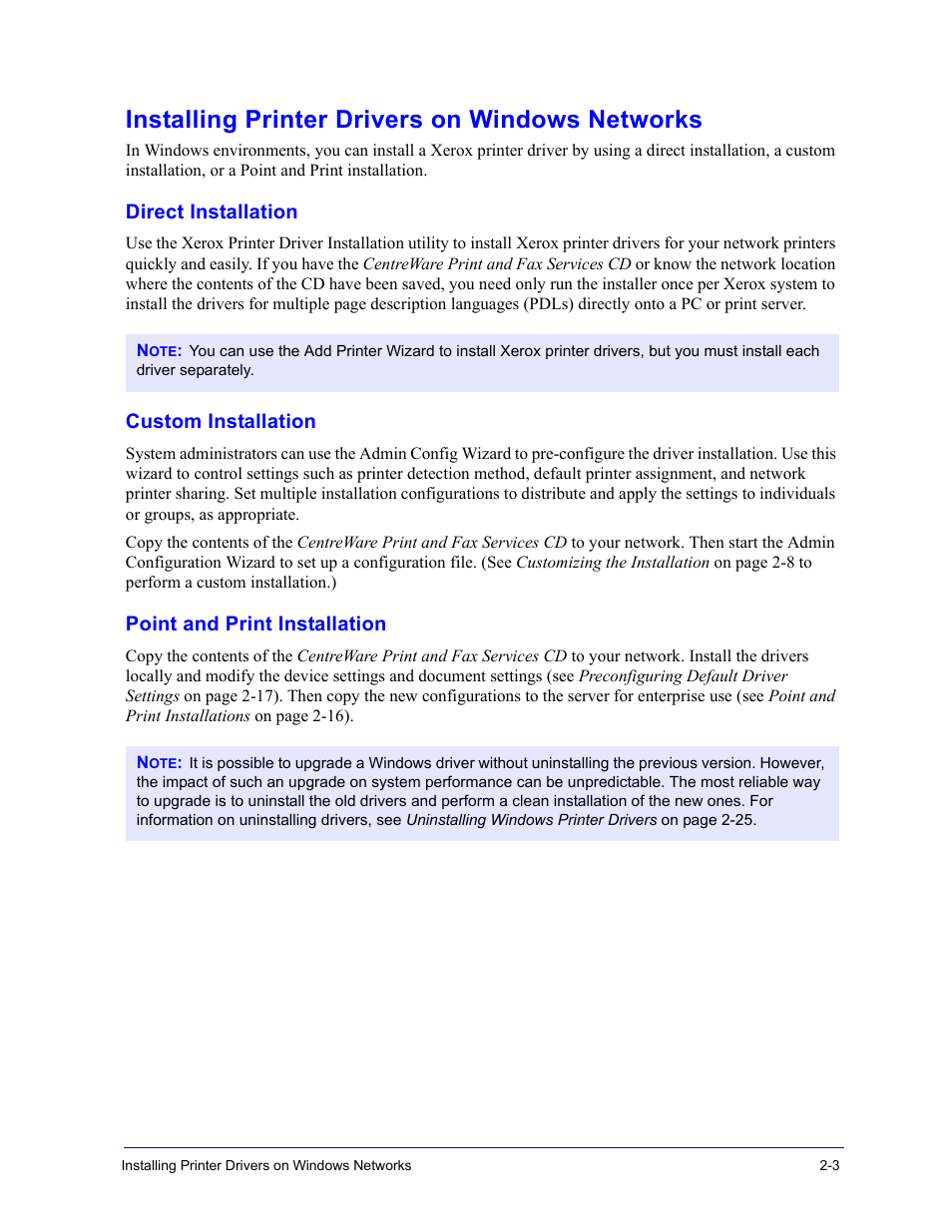 Installing printer drivers on windows networks, Direct installation, Custom installation | Point and print installation, Installing printer drivers on windows networks -3 | Xerox WorkCentre 7655-7665-7675-5897 User Manual | Page 15 / 60