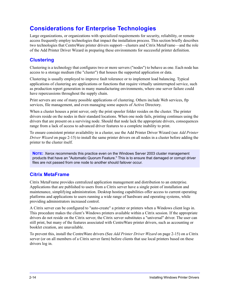 Considerations for enterprise technologies, Clustering, Citrix metaframe | Clustering -1, Citrix metaframe -1, Considerations for enterprise technologies -14 | Xerox WorkCentre 7655-7665-7675-5897 User Manual | Page 26 / 60