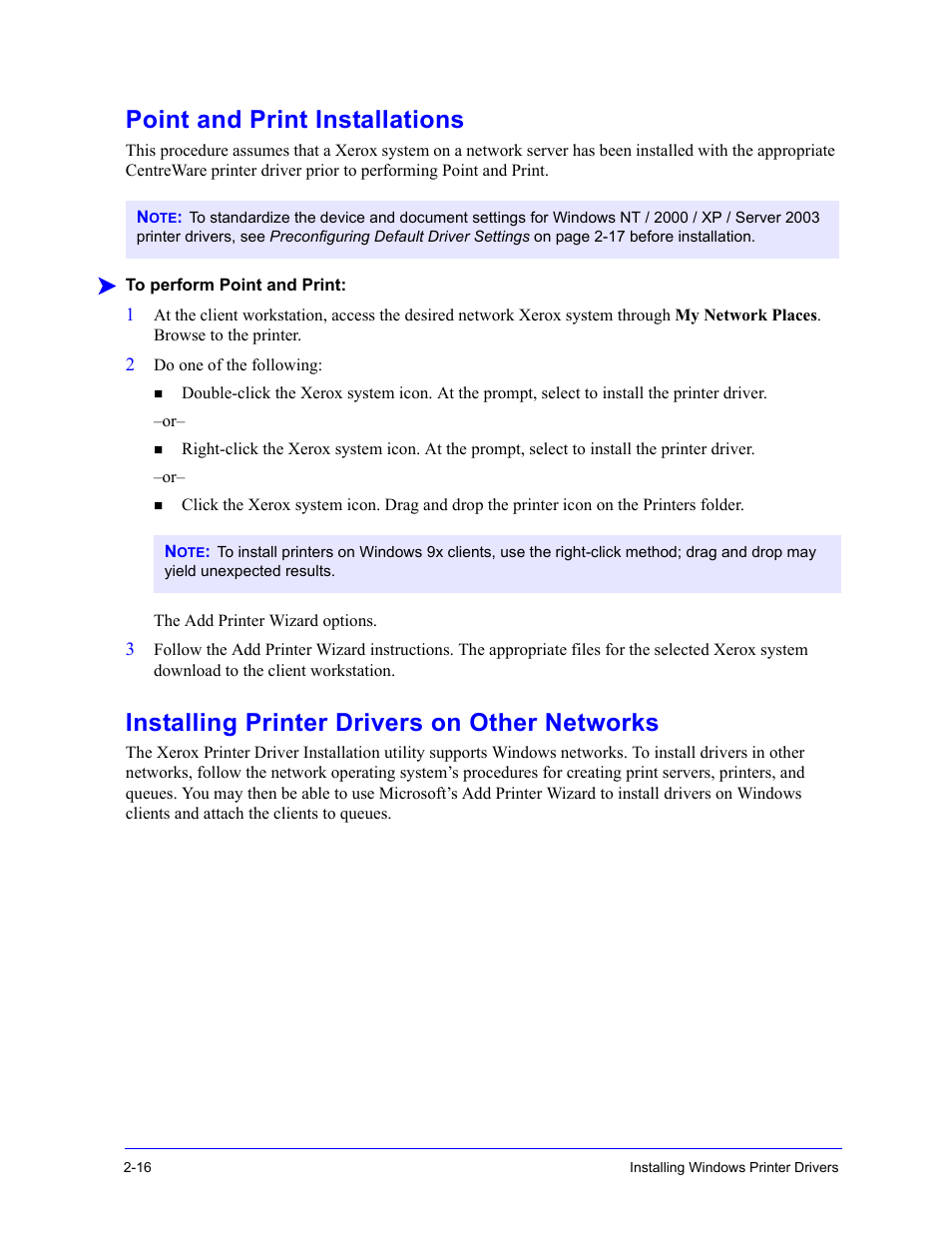 Point and print installations, Installing printer drivers on other networks, Point and print installations -16 | Installing printer drivers on other networks -16 | Xerox WorkCentre 7655-7665-7675-5897 User Manual | Page 28 / 60