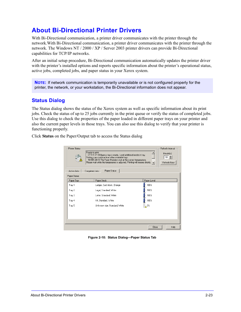 About bi-directional printer drivers, Status dialog, Status dialog -2 | About bi-directional printer drivers -23 | Xerox WorkCentre 7655-7665-7675-5897 User Manual | Page 35 / 60