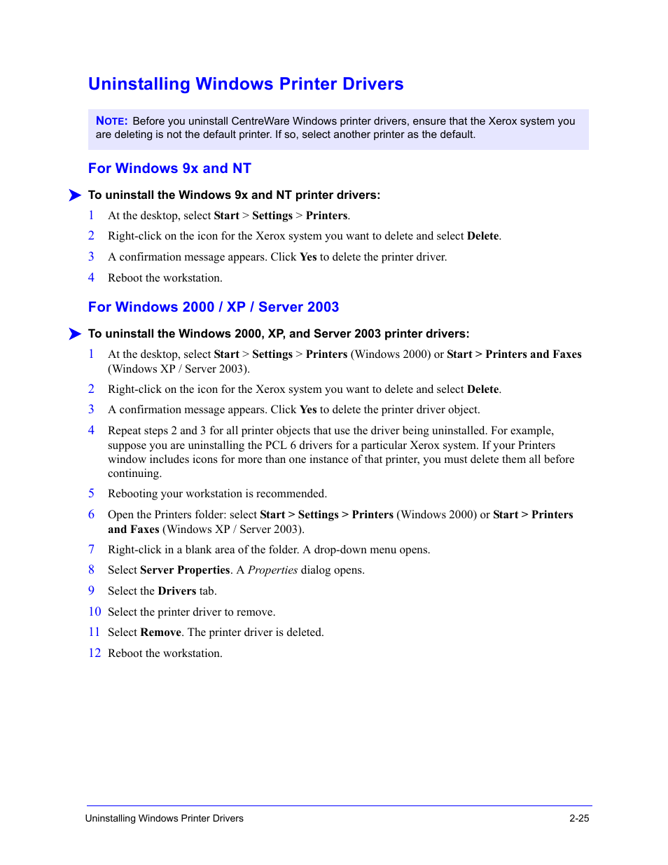 Uninstalling windows printer drivers, For windows 9x and nt, For windows 2000 / xp / server 2003 | For windows 9x and nt -2, For windows 2000 / xp / server 2003 -2, Uninstalling windows printer drivers -25 | Xerox WorkCentre 7655-7665-7675-5897 User Manual | Page 37 / 60