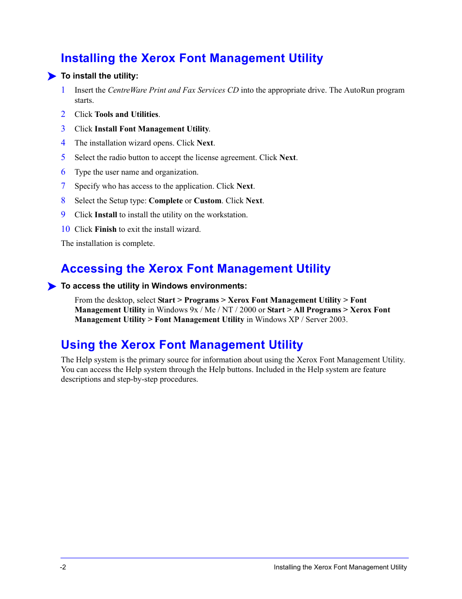 Installing the xerox font management utility, Accessing the xerox font management utility, Using the xerox font management utility | Installing the xerox font management utility -2, Accessing the xerox font management utility -2, Using the xerox font management utility -2 | Xerox WorkCentre 7655-7665-7675-5897 User Manual | Page 46 / 60