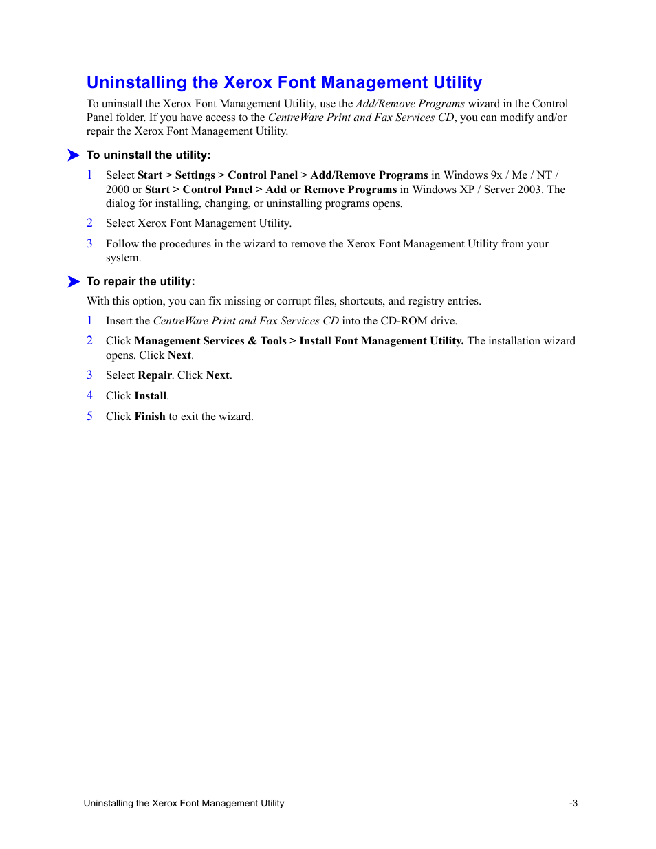 Uninstalling the xerox font management utility, Uninstalling the xerox font management utility -3 | Xerox WorkCentre 7655-7665-7675-5897 User Manual | Page 47 / 60