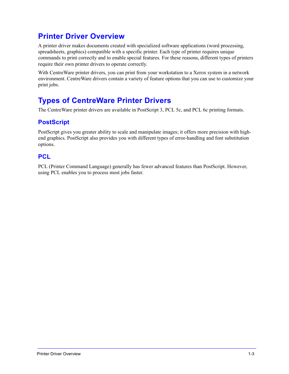 Printer driver overview, Types of centreware printer drivers, Postscript | Printer driver overview -3, Types of centreware printer drivers -3 | Xerox WorkCentre 7655-7665-7675-5897 User Manual | Page 7 / 60