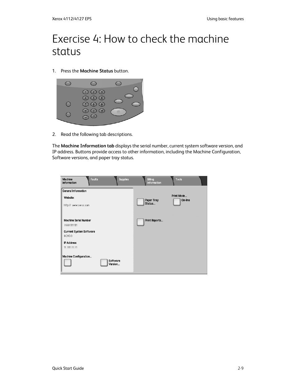 Exercise 4: how to check the machine status, Exercise 4: how to check the machine status -9 | Xerox 4112-4127 Enterprise Printing System-4616 User Manual | Page 17 / 30