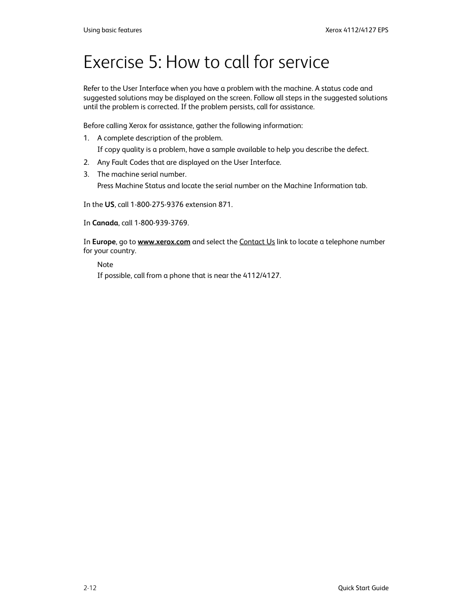 Exercise 5: how to call for service, Exercise 5: how to call for service -12 | Xerox 4112-4127 Enterprise Printing System-4616 User Manual | Page 20 / 30