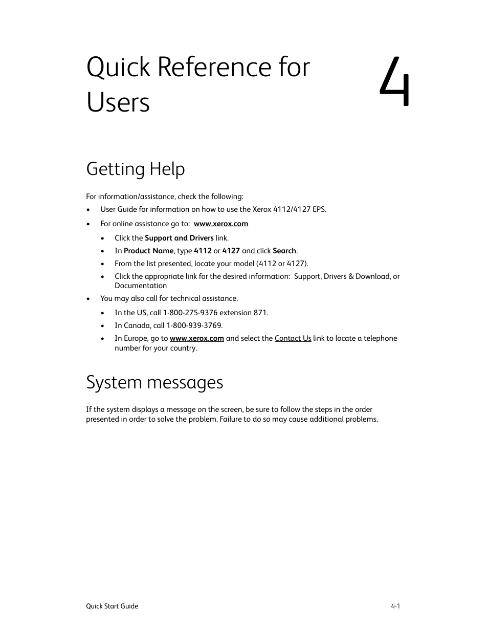 Quick reference for users, Getting help, System messages | Quick reference for users -1, Getting help -1 system messages -1 | Xerox 4112-4127 Enterprise Printing System-4616 User Manual | Page 27 / 30