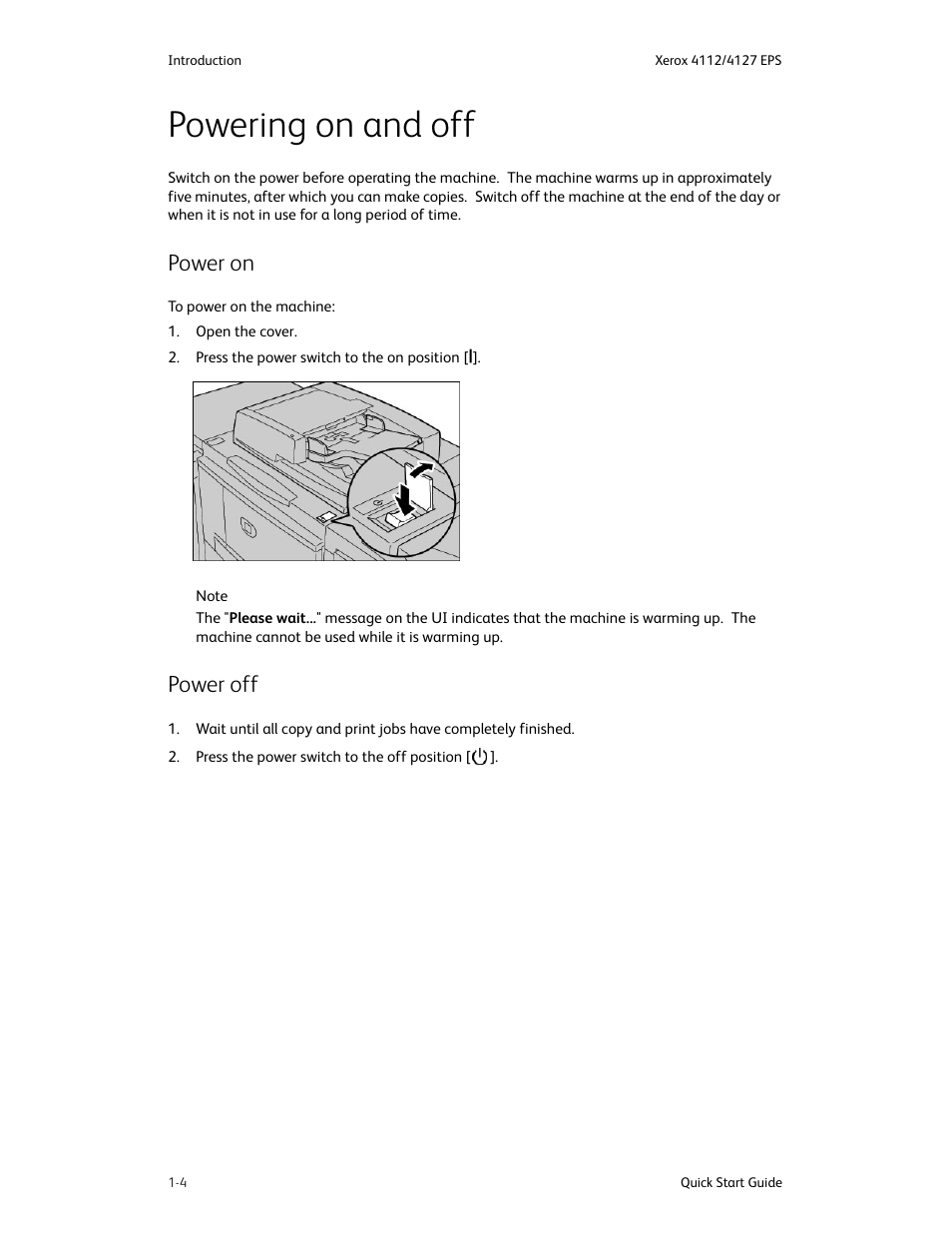 Powering on and off, Power on, Power off | Powering on and off -4, Power on -4 power off -4 | Xerox 4112-4127 Enterprise Printing System-4616 User Manual | Page 8 / 30