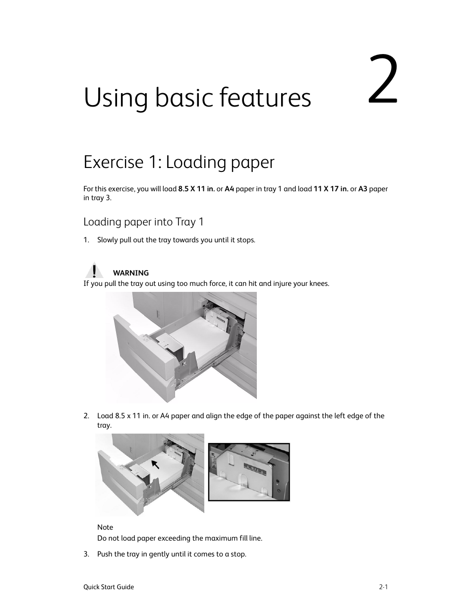 Using basic features, Exercise 1: loading paper, Loading paper into tray 1 | Using basic features -1, Exercise 1: loading paper -1, Loading paper into tray 1 -1 | Xerox 4112-4127 Enterprise Printing System-4616 User Manual | Page 9 / 30