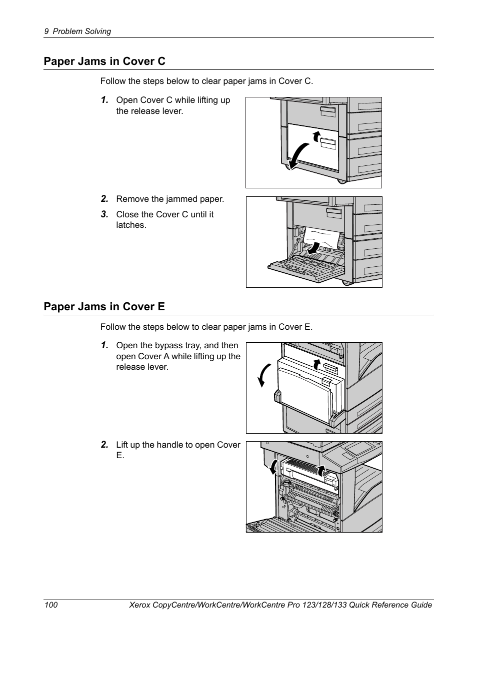 Paper jams in cover c, Paper jams in cover e, Paper jams in cover c paper jams in cover e | Xerox WorkCentre M123-M128-3048 User Manual | Page 101 / 115