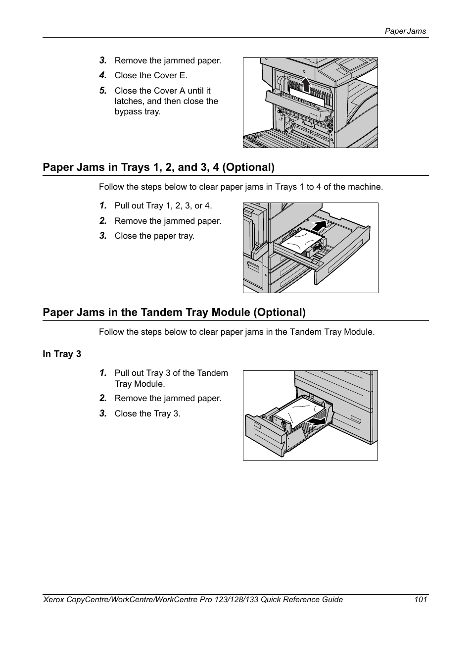 Paper jams in trays 1, 2, and 3, 4 (optional), Paper jams in the tandem tray module (optional) | Xerox WorkCentre M123-M128-3048 User Manual | Page 102 / 115