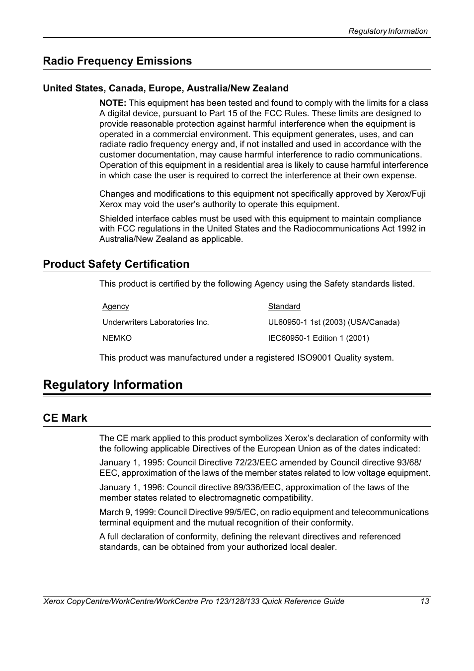 Radio frequency emissions, Product safety certification, Regulatory information | Ce mark | Xerox WorkCentre M123-M128-3048 User Manual | Page 14 / 115