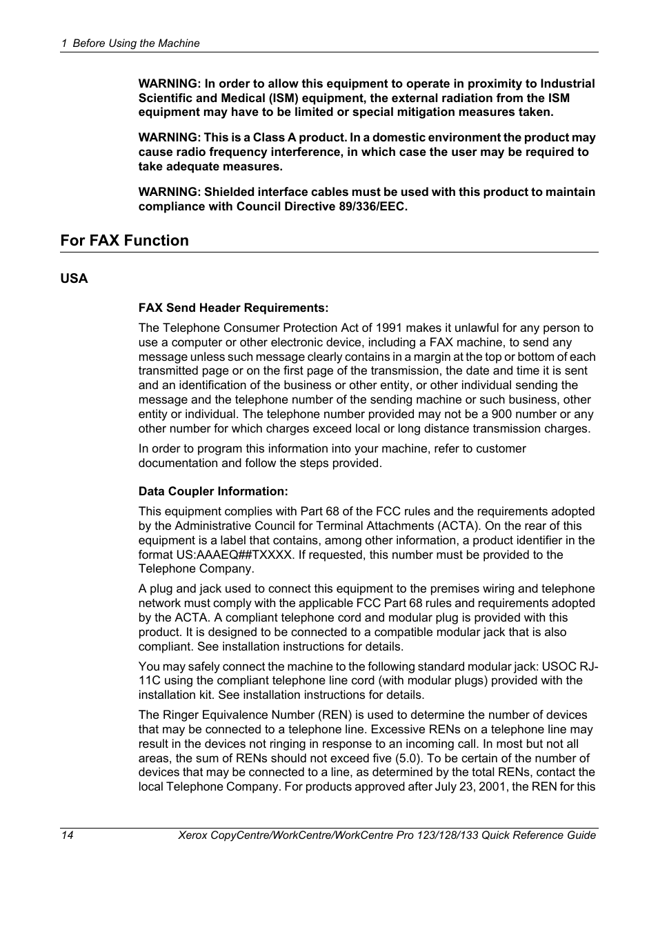 For fax function | Xerox WorkCentre M123-M128-3048 User Manual | Page 15 / 115