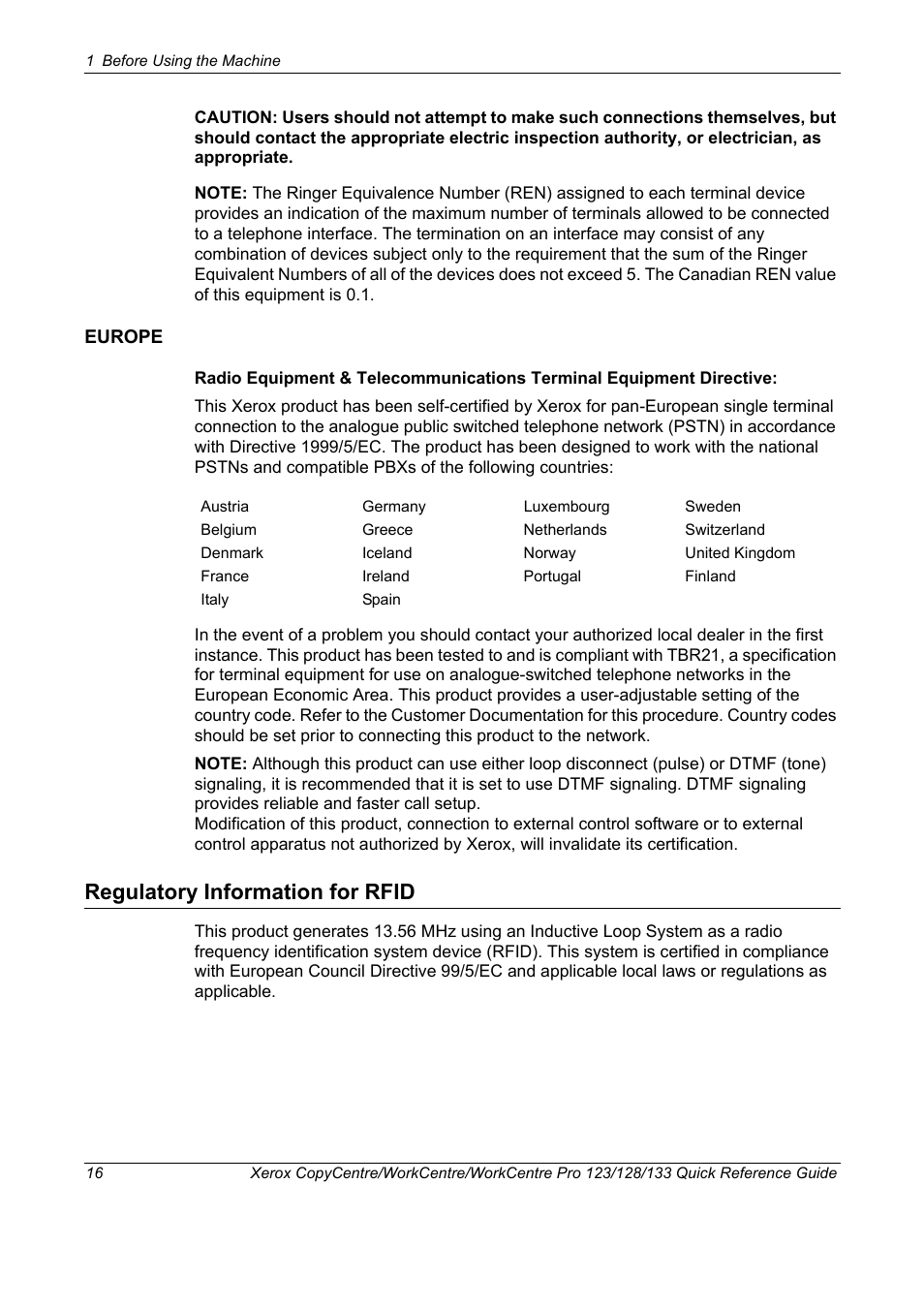 Regulatory information for rfid | Xerox WorkCentre M123-M128-3048 User Manual | Page 17 / 115