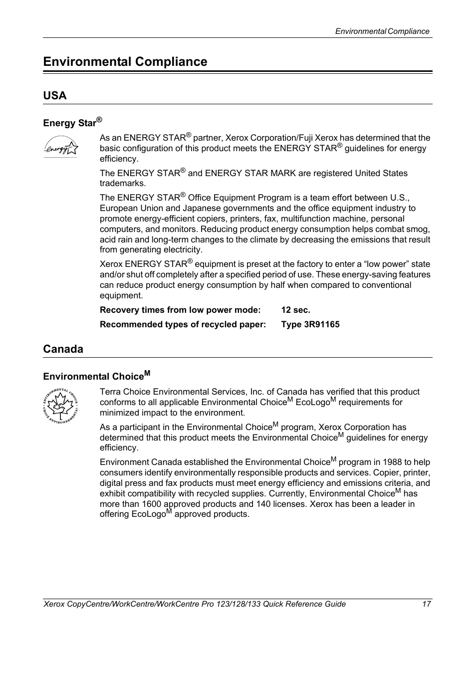 Environmental compliance, Canada, Usa canada | Xerox WorkCentre M123-M128-3048 User Manual | Page 18 / 115