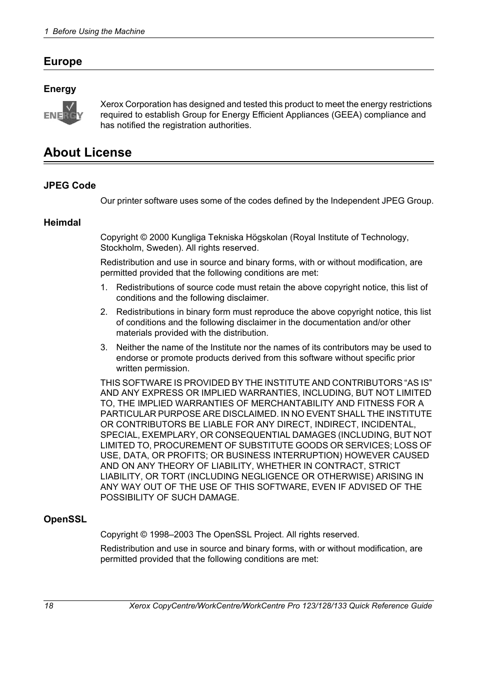 Europe, About license | Xerox WorkCentre M123-M128-3048 User Manual | Page 19 / 115