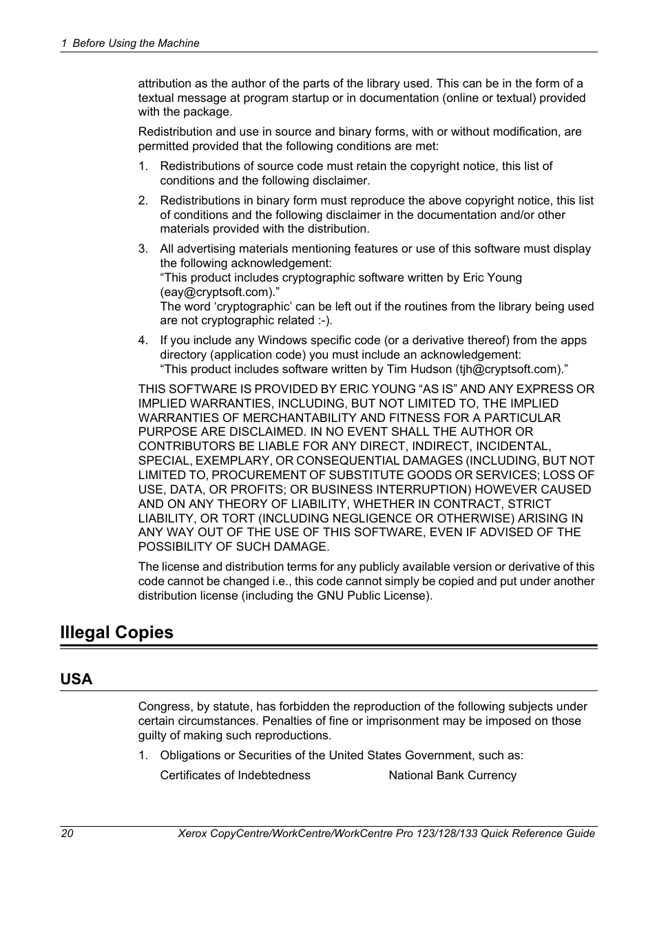 Illegal copies | Xerox WorkCentre M123-M128-3048 User Manual | Page 21 / 115