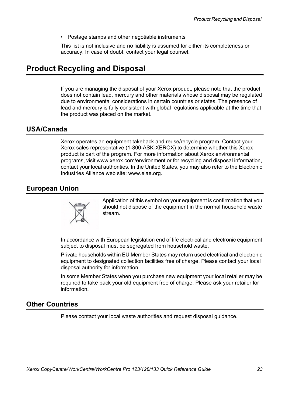 Product recycling and disposal, Usa/canada, European union | Other countries | Xerox WorkCentre M123-M128-3048 User Manual | Page 24 / 115