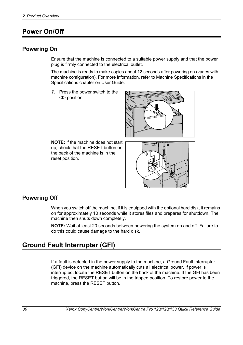 Power on/off, Powering on, Powering off | Ground fault interrupter (gfi), Powering on powering off | Xerox WorkCentre M123-M128-3048 User Manual | Page 31 / 115