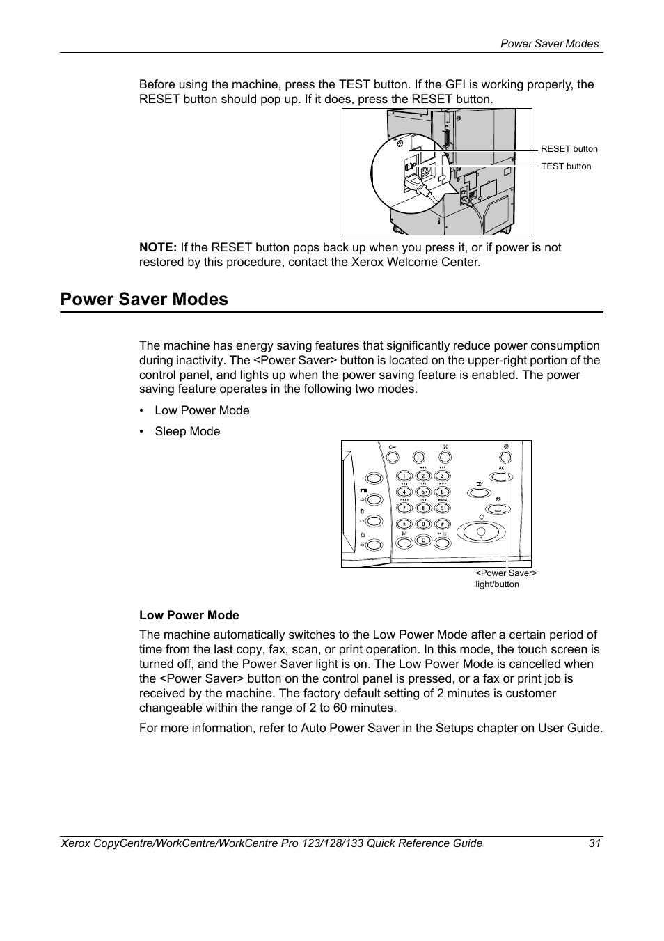 Power saver modes | Xerox WorkCentre M123-M128-3048 User Manual | Page 32 / 115