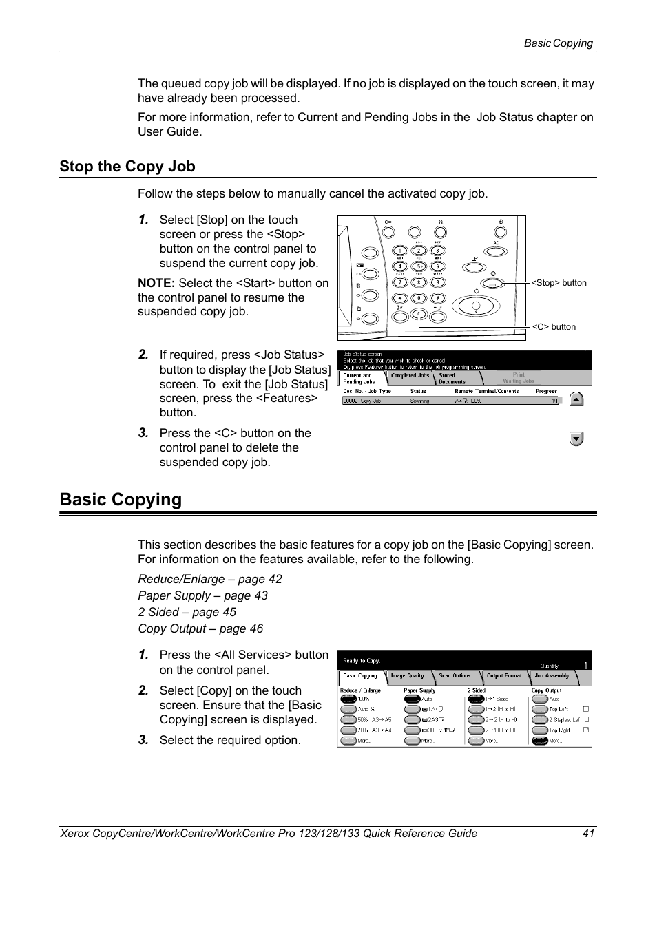 Stop the copy job, Basic copying | Xerox WorkCentre M123-M128-3048 User Manual | Page 42 / 115