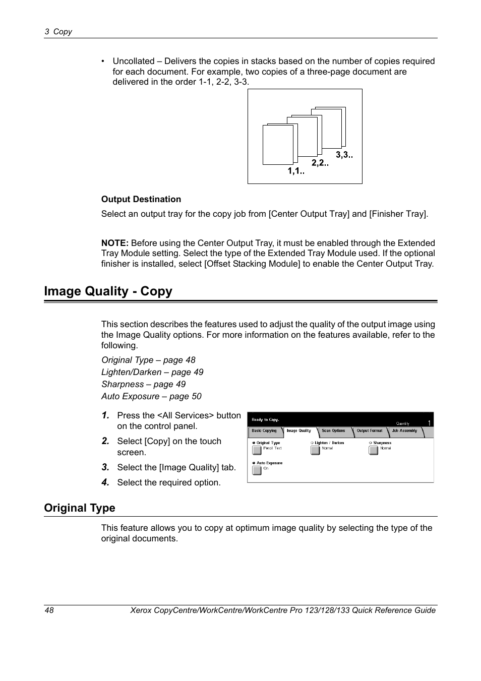 Image quality - copy, Original type | Xerox WorkCentre M123-M128-3048 User Manual | Page 49 / 115