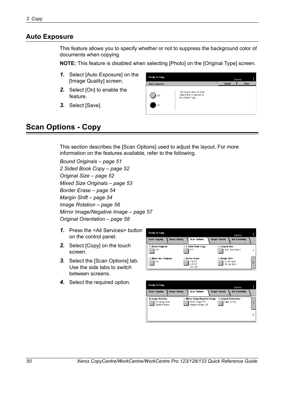 Auto exposure, Scan options - copy | Xerox WorkCentre M123-M128-3048 User Manual | Page 51 / 115