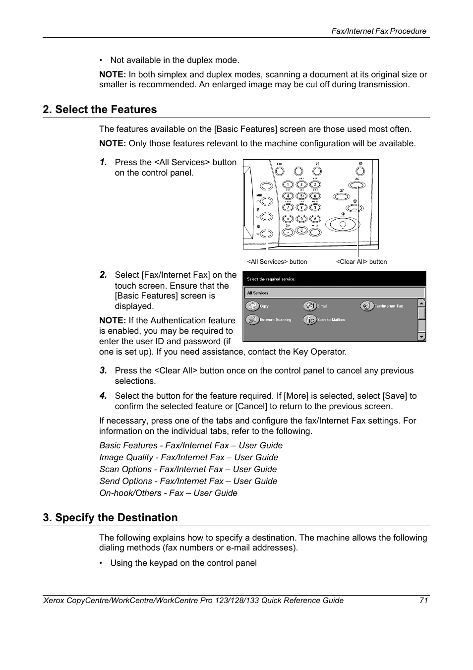 Select the features, Specify the destination, Select the features 3. specify the destination | Xerox WorkCentre M123-M128-3048 User Manual | Page 72 / 115